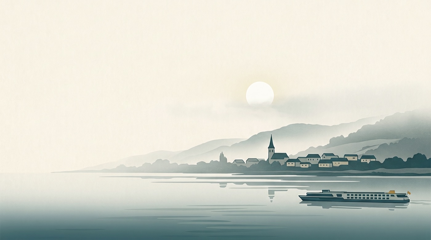 The Danube in the Wachau valley, a woodblock print of the river bend and the hills